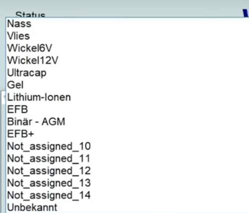 Batterietypen im Steuergerät zur Auswahl
