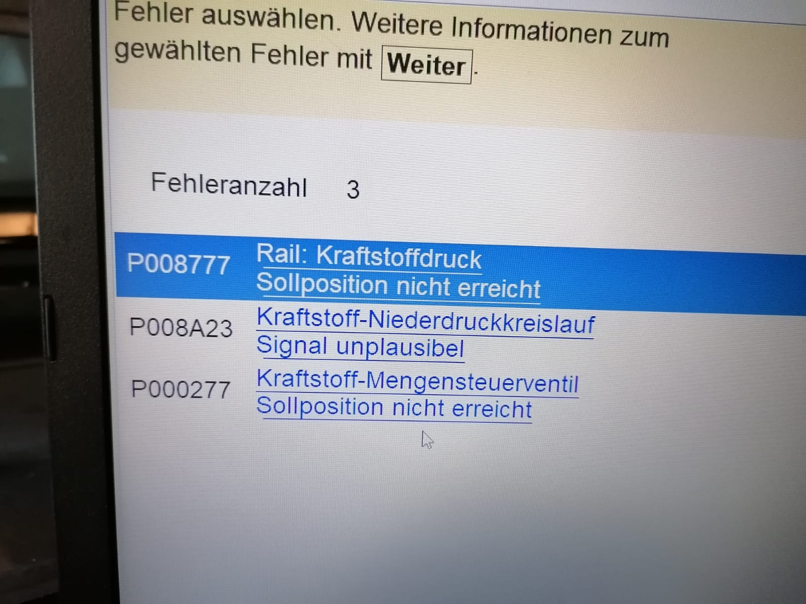 Zu hoher Benzindruck im Kraftstoffverteiler