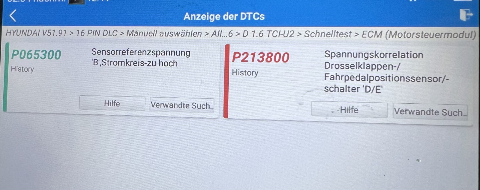 Fehler P065300 und P213800 keine Leistung! Was kann ich tun Hyundai i30 1,6 l Diesel 110 ps