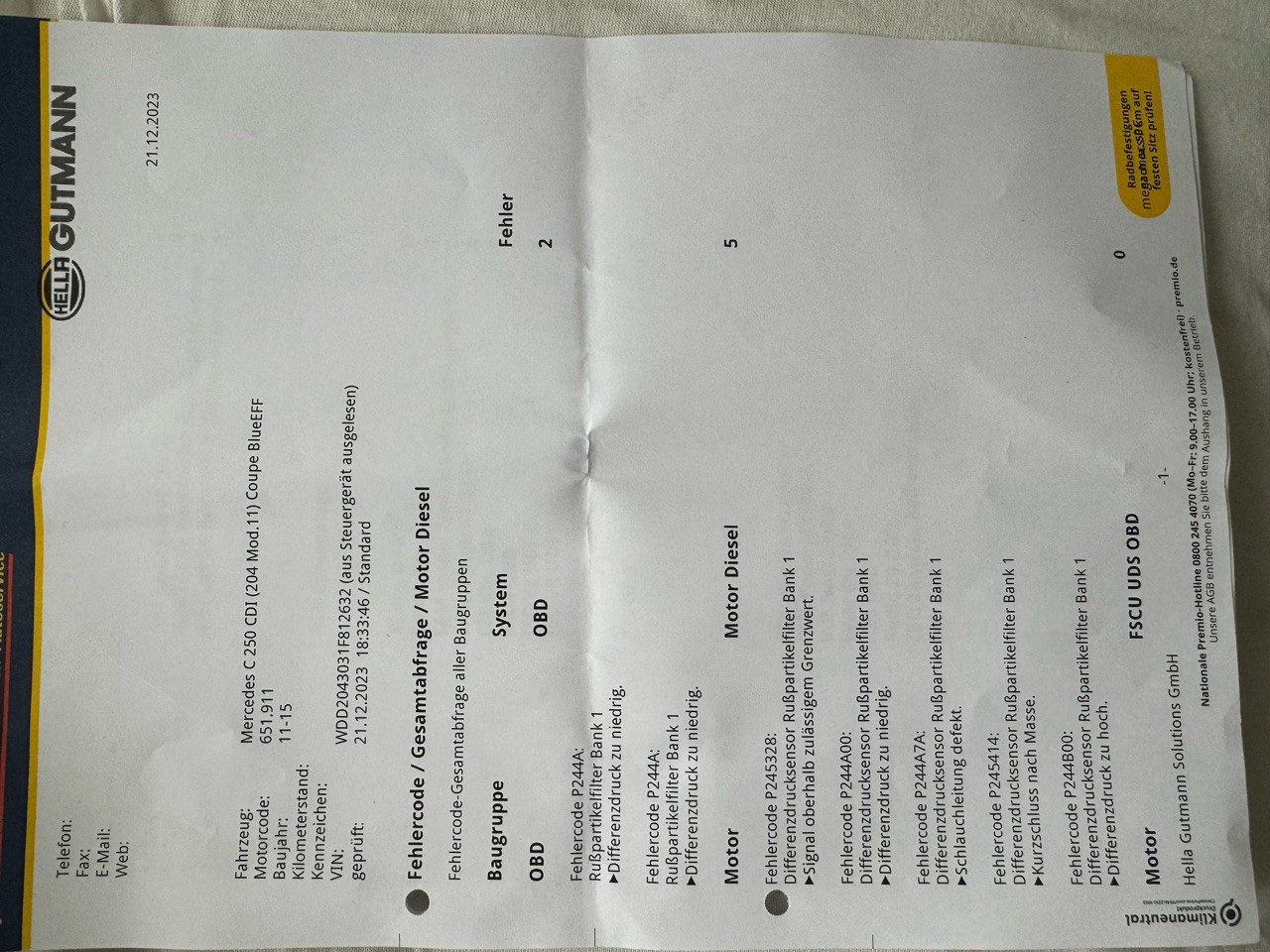 Motorkontrollleuchte wiederholt aufgeleuchtet wegen DPF?