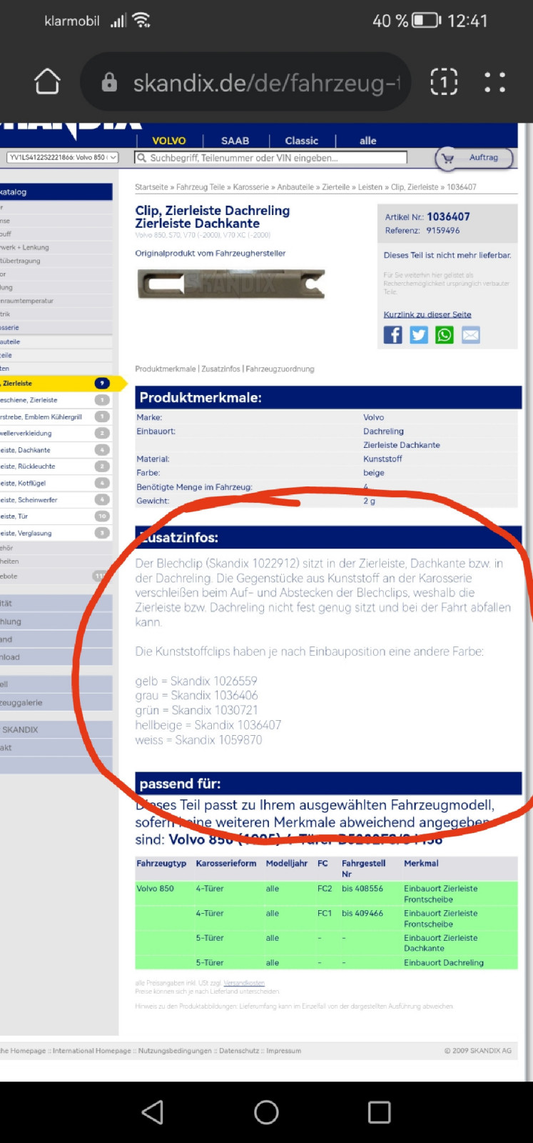 Volvo 850 Limousine BJ 95 Plastikhalterungen Dachleisten