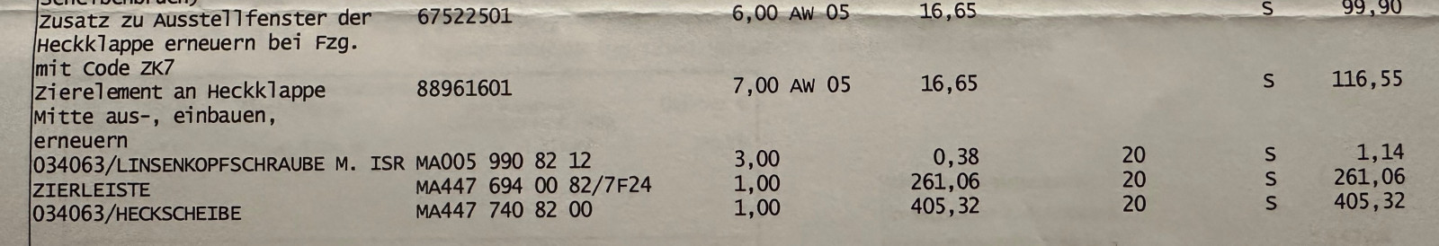 Teilenummer für geteilte Heckklappe wegen Unfallschaden gesucht