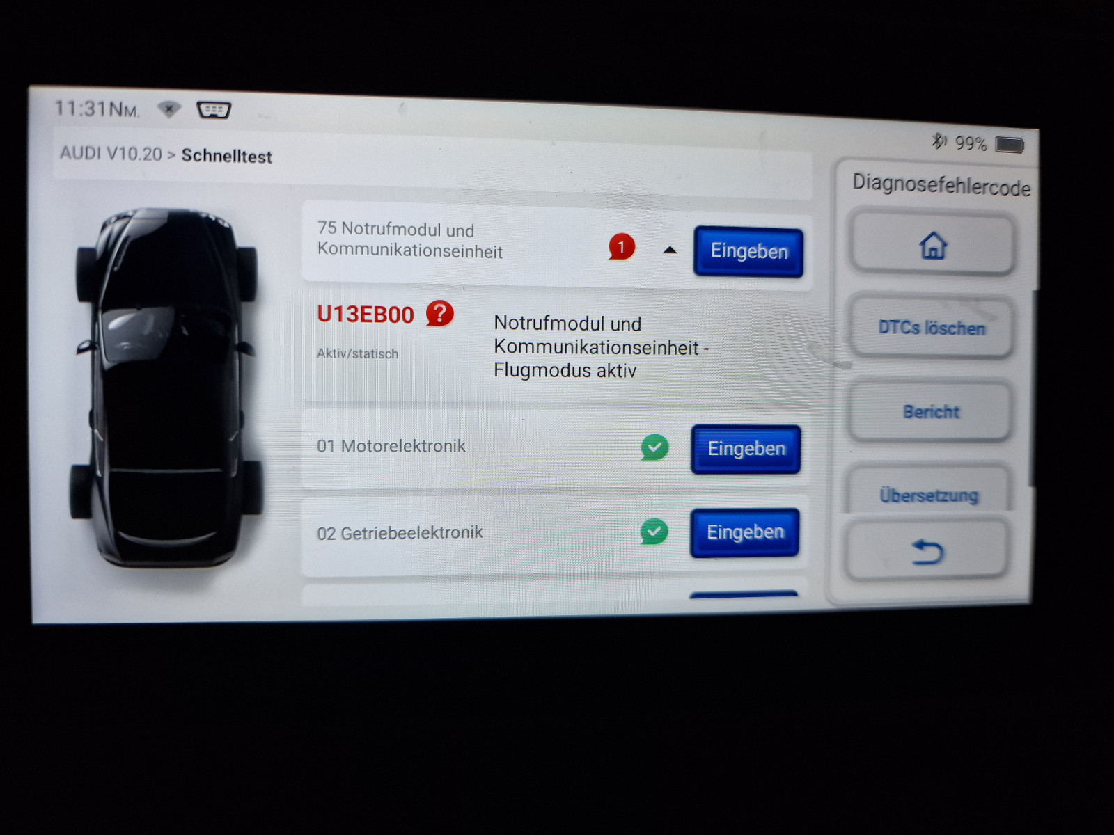 SOS Fehler Flugmodus und Fahrzeug ohne online Verbindung