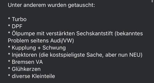 Liste der getauschten Teile (laut Vorbes