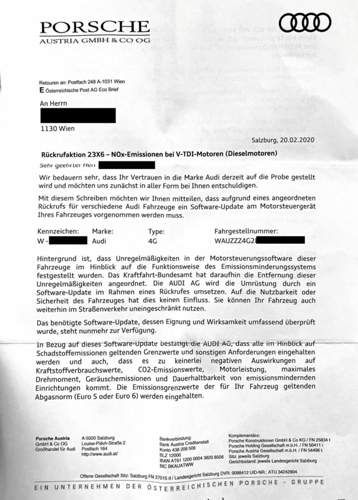Schreiben Porsche Austria, Rückrufaktion