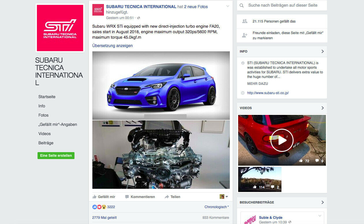 Subaru WRX STi auf Facebook: Die Fanseite Subaru Tecnica International zeigt Bilder zum neuen WRX STi - aber wo die herkommen ist unbekannt