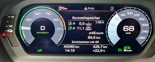 Display A3 TFSI40e max. Reichweite E