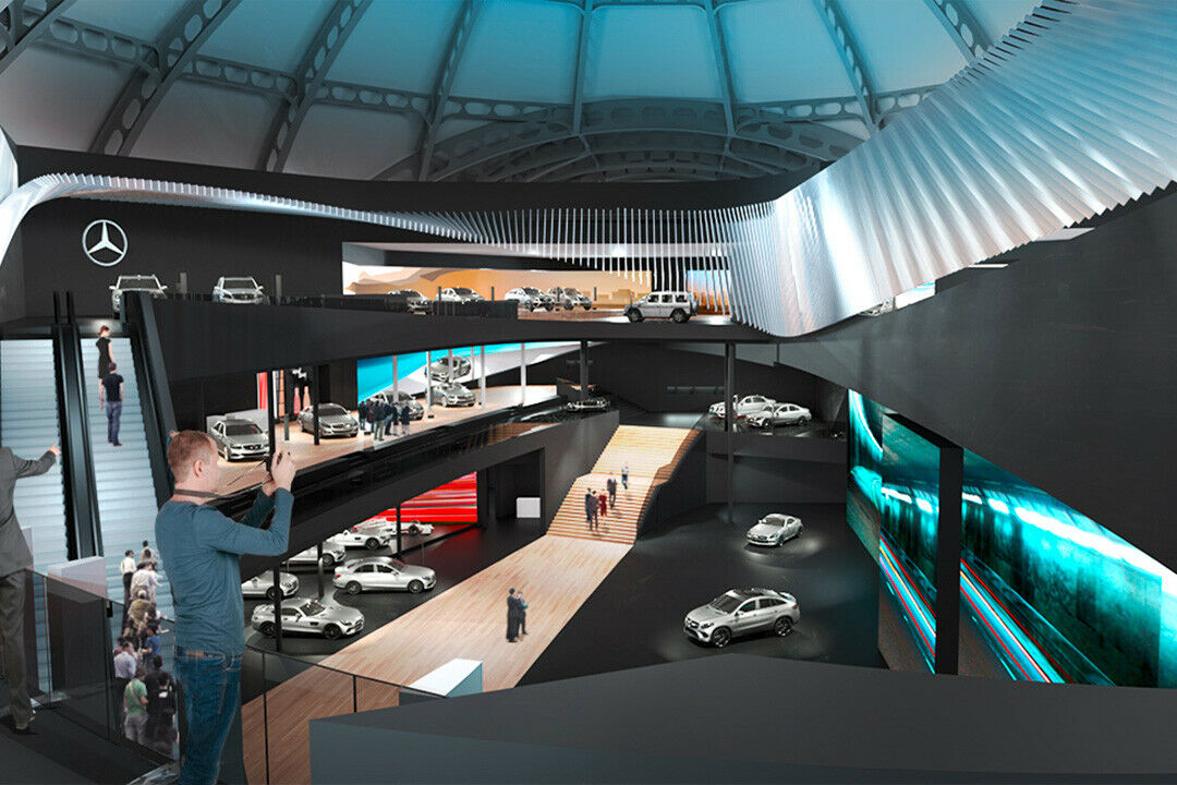 Drei Ebenen. Auf dem Mercedes-Stand gibt es viel zu sehen. Die Web-App soll helfen