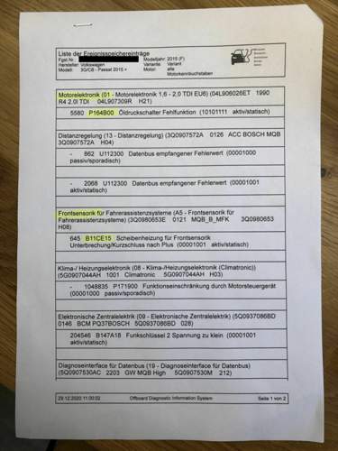Liste Fehlerspeicher