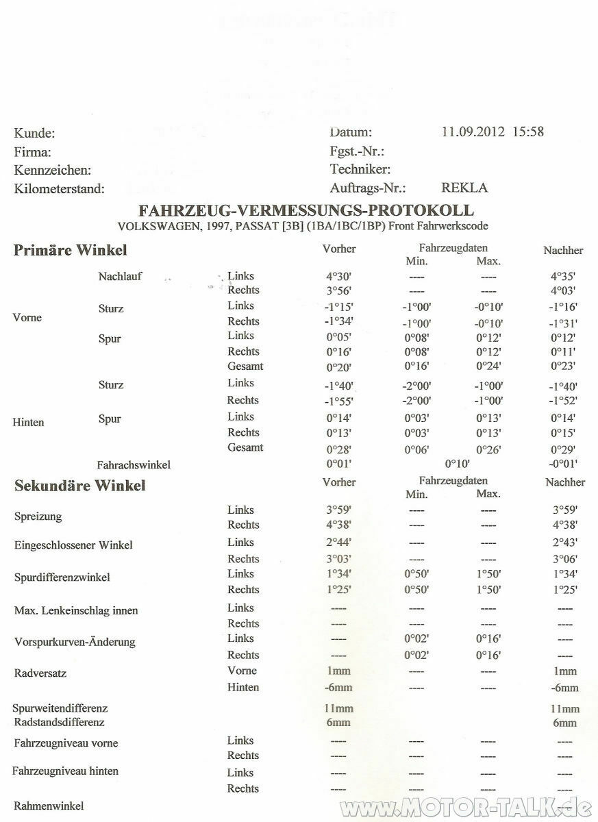 Achsvermessung Passat 3B Vorspurkurve