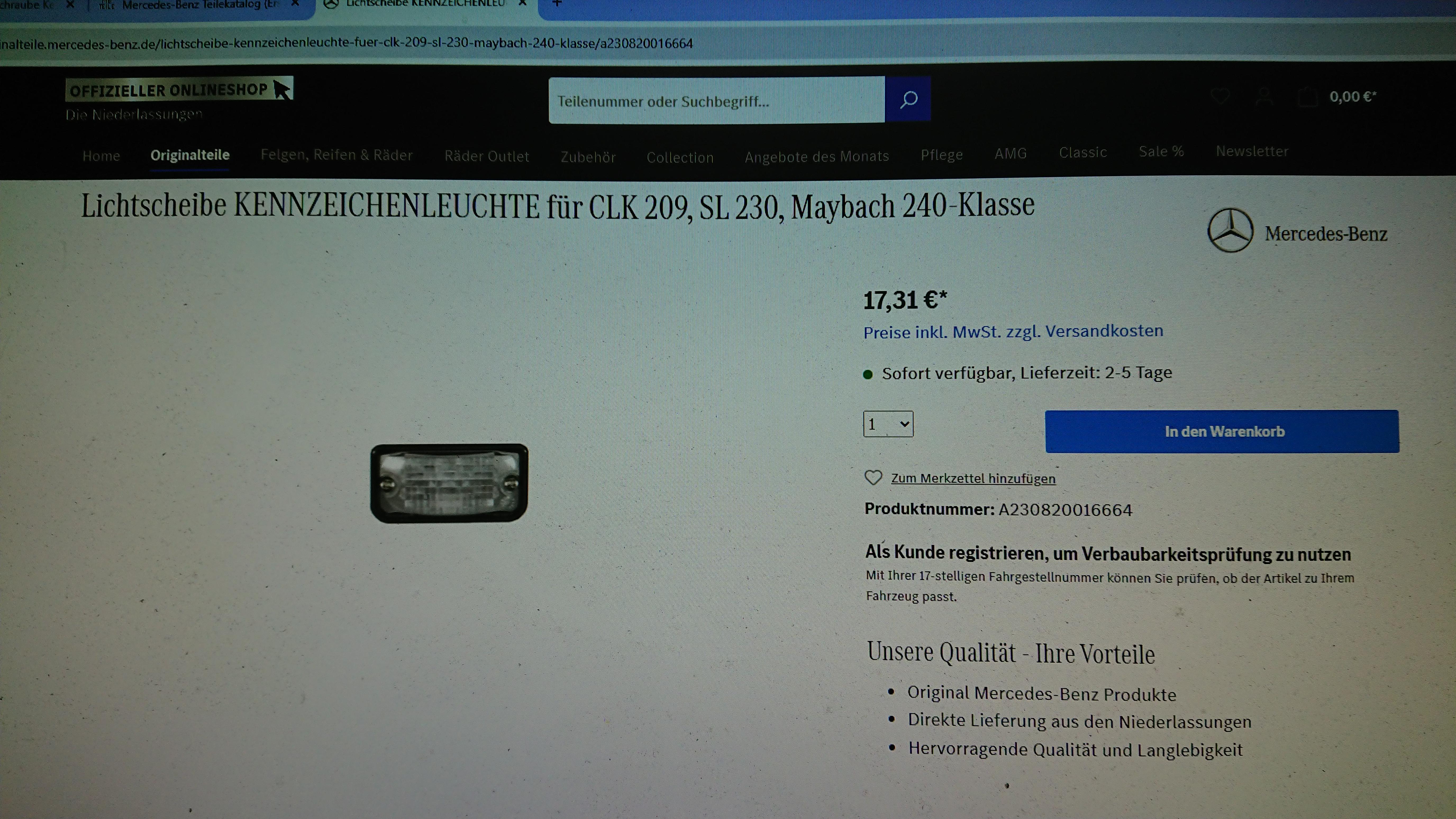 Artikelnummer der Schraube Kennzeichenbeleuchtung