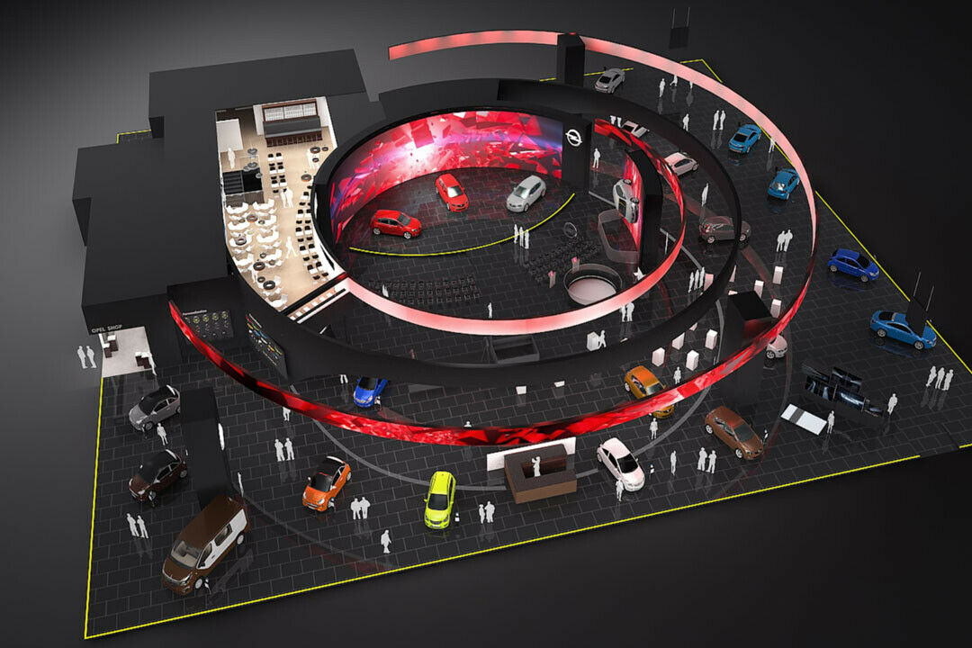 500 Quadratmeter LED-Displays, 54 Lautsprecher, 60 Tonnen Stahl und 100 Tonnen Holz werden für den Messestand von Opel benötigt