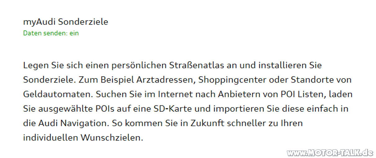 Audi Connect myAudi-Sonderziele erstellen/ anzeigen