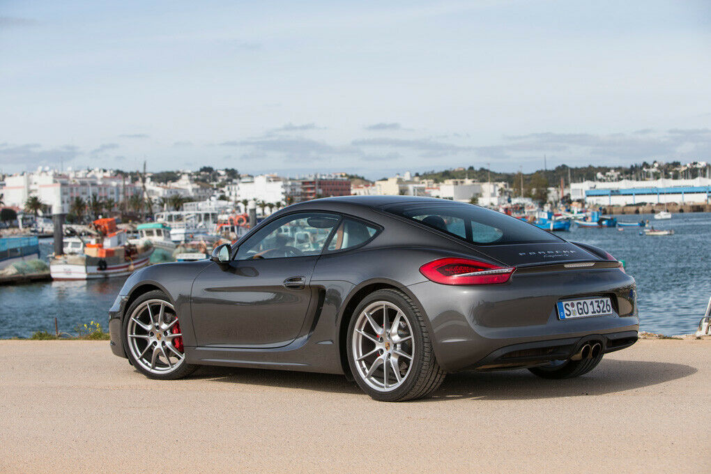 Zentrales Doppelendrohr vor Hafenkulisse: Porsche Cayman S