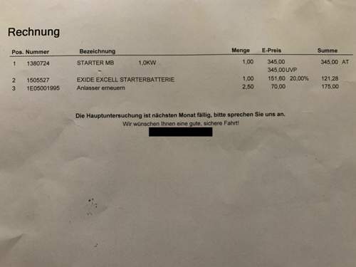Rechnung für Anlasser, Batterie, Stunden