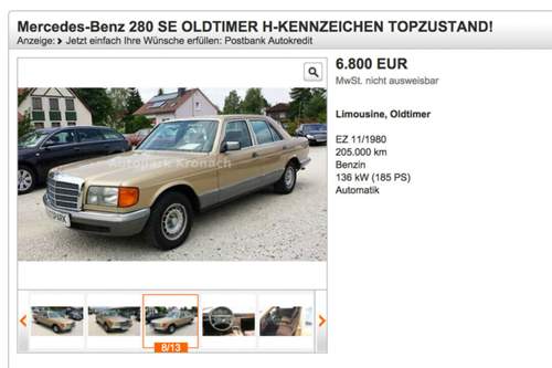 Unser Favorit für zahlungskräftige Bahnkunden: Ein 280 SE mit H-Kennzeichen