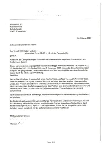 Schreiben an Kundenservice Opel