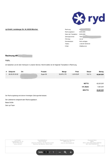 Rechnung der BMW Tankzahlungs-App