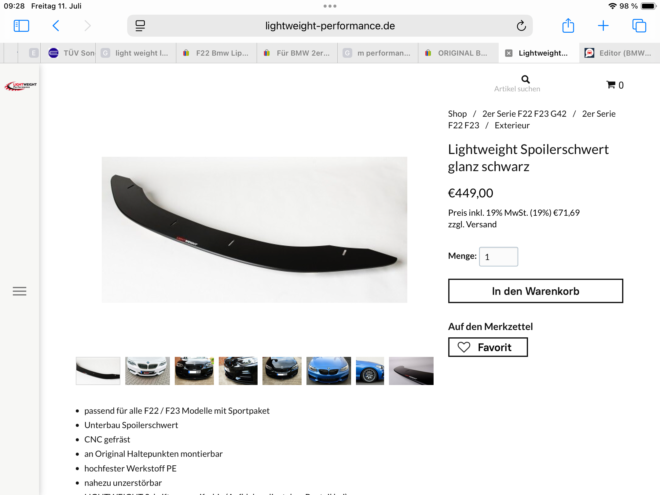 BMW f22 lightweight Performance Lippe / Schwert abe