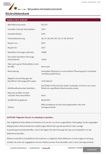 KBA Rückruf Audi 4.0 V8T