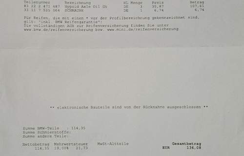 Rechnung orginal BMW Teile