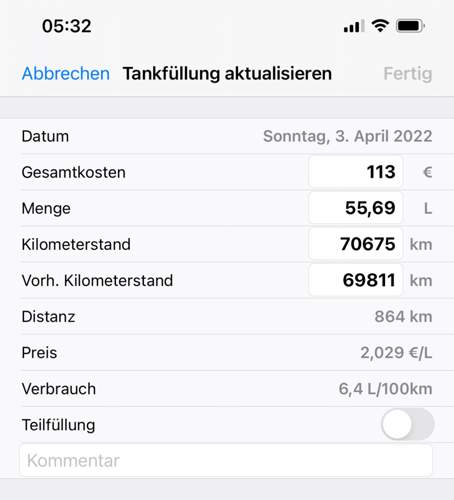 So sieht das in der Tank-App aus. Es waren 860 statt 890 km, aber das ist ja egal....jpg