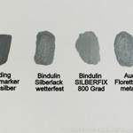 Im Vergleich: Edding Paintmarker 751 silber / Bindulin Silberlack wetterfest / Bindulin SILBERFIX 800°C / Audi Florettsilber metallic