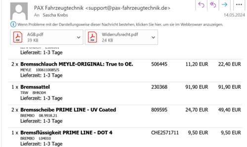 Rechnung Bremssattel hinten Audi B6