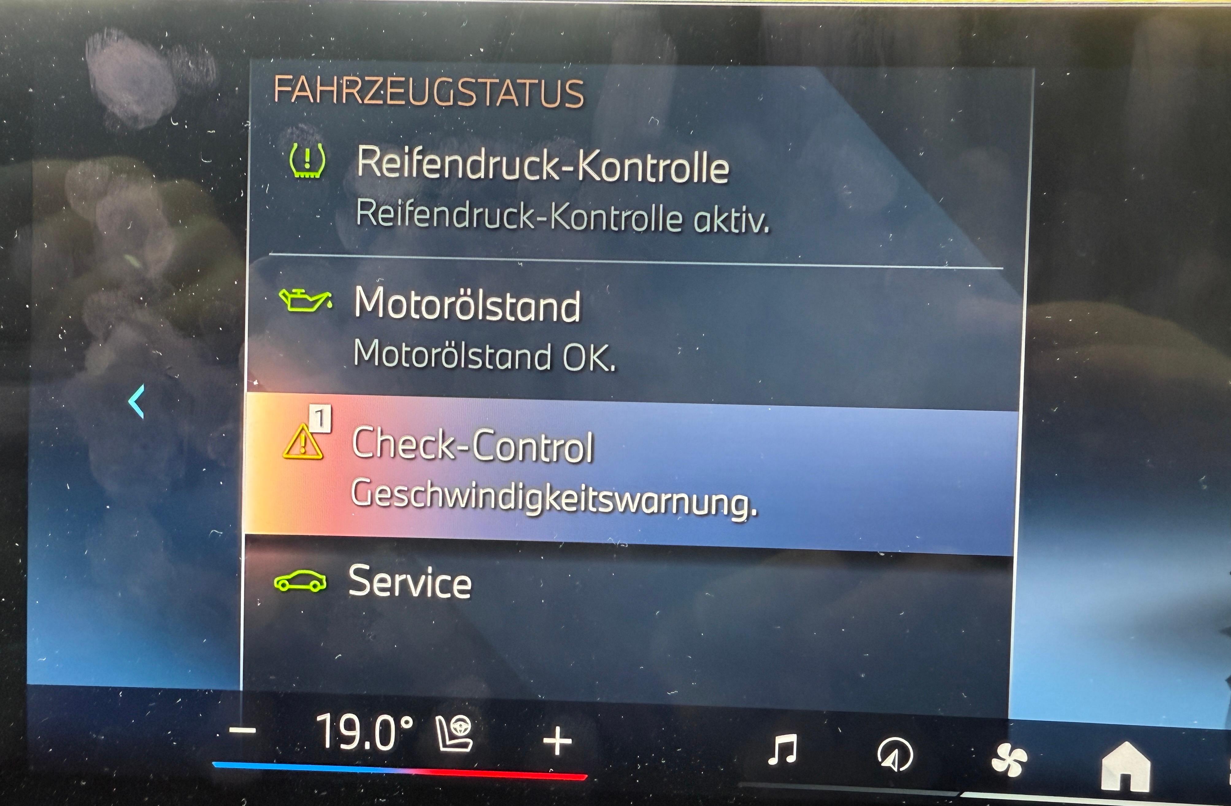 Check-Control Meldung „Geschwindigkeitswarnung“
