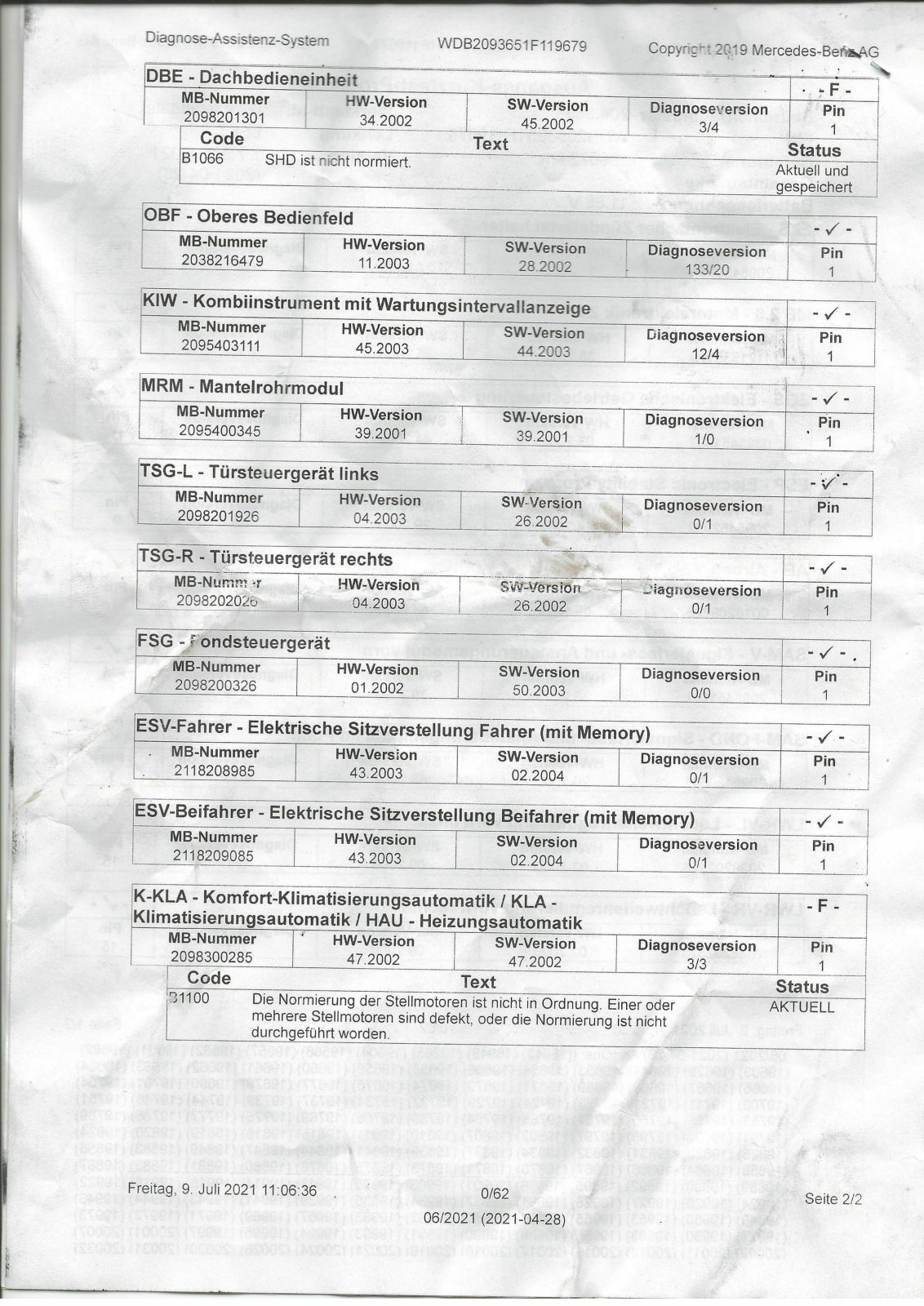 CLK 209 "SRS Service" Nachricht verschwindet nicht trotz "Sitzmatten-Simulator"