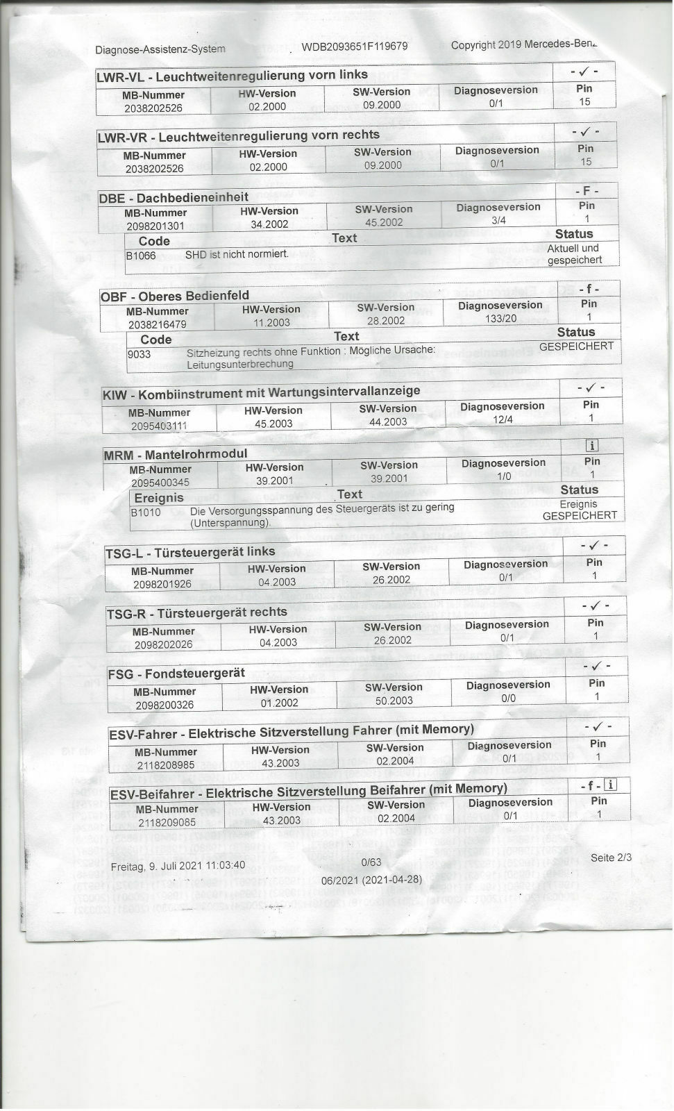 CLK 209 "SRS Service" Nachricht verschwindet nicht trotz "Sitzmatten-Simulator"