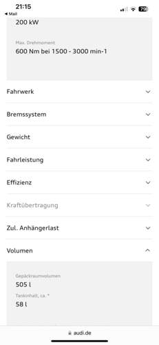 Ausstattung Tankvolumen