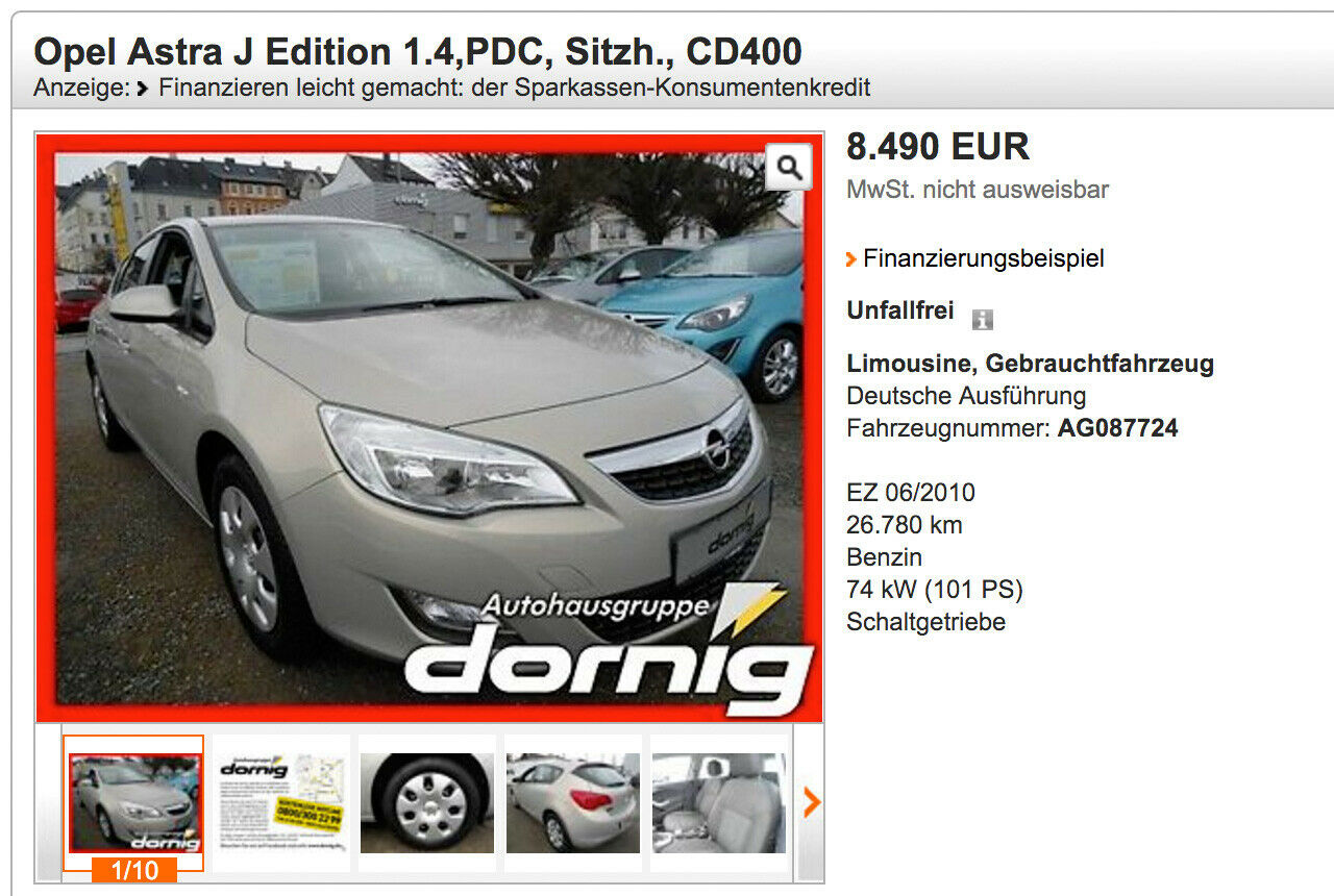 Auch einen Opel Astra J in Edition-Ausstattung gibt es zum Preis eines neuen Dacia Sandero mit einem Minimum an Ausstattung