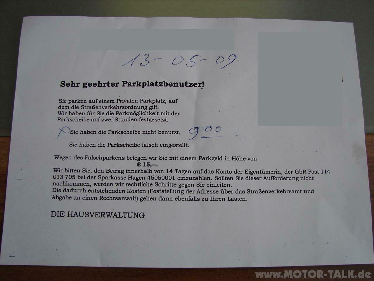 Darf eine Private Hausverwaltung knöllchen verteilen und geld fordern?