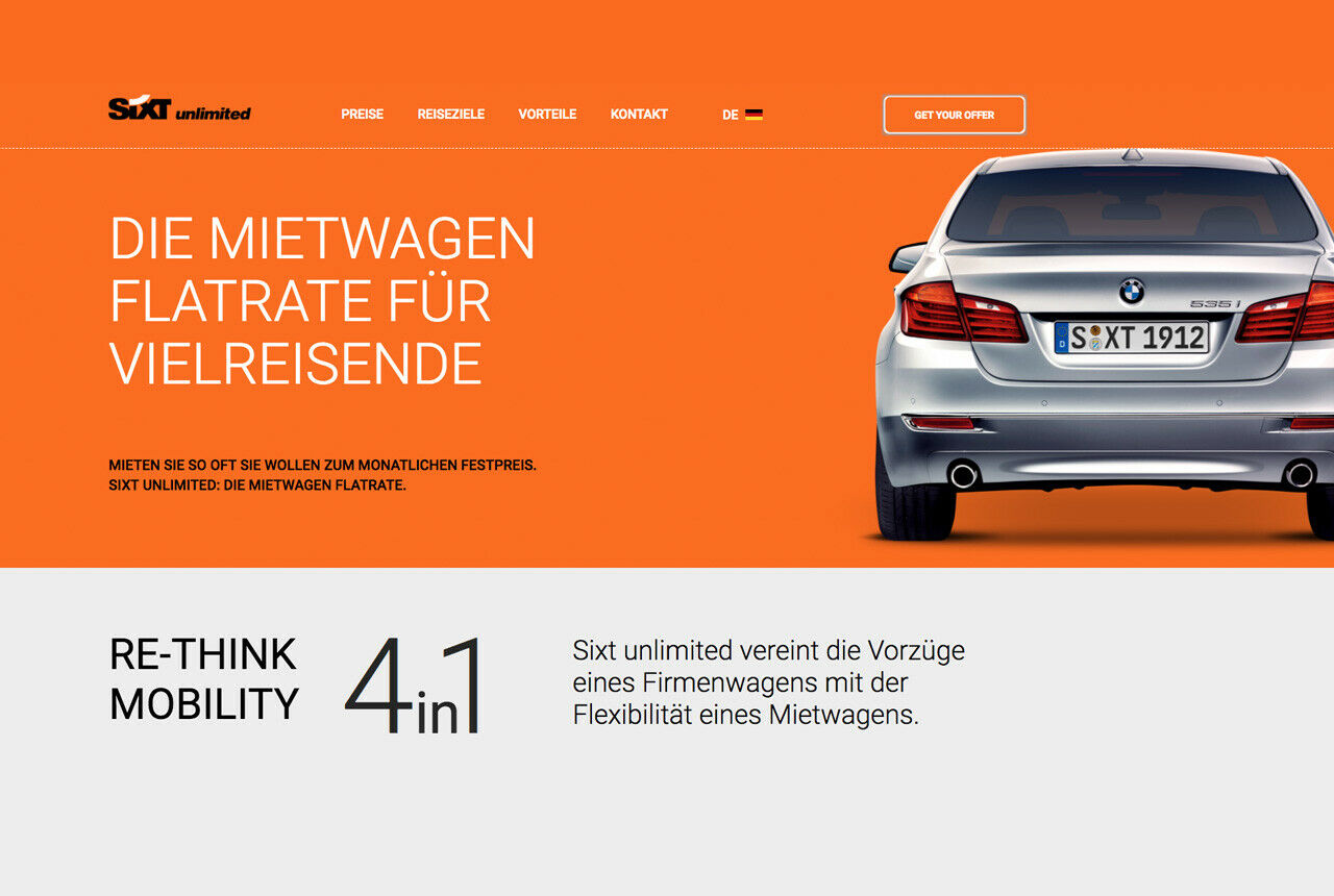 Der Autovermieter Sixt bietet mit Unlimited eine Flatrate für unbegrenzt viele Automieten an