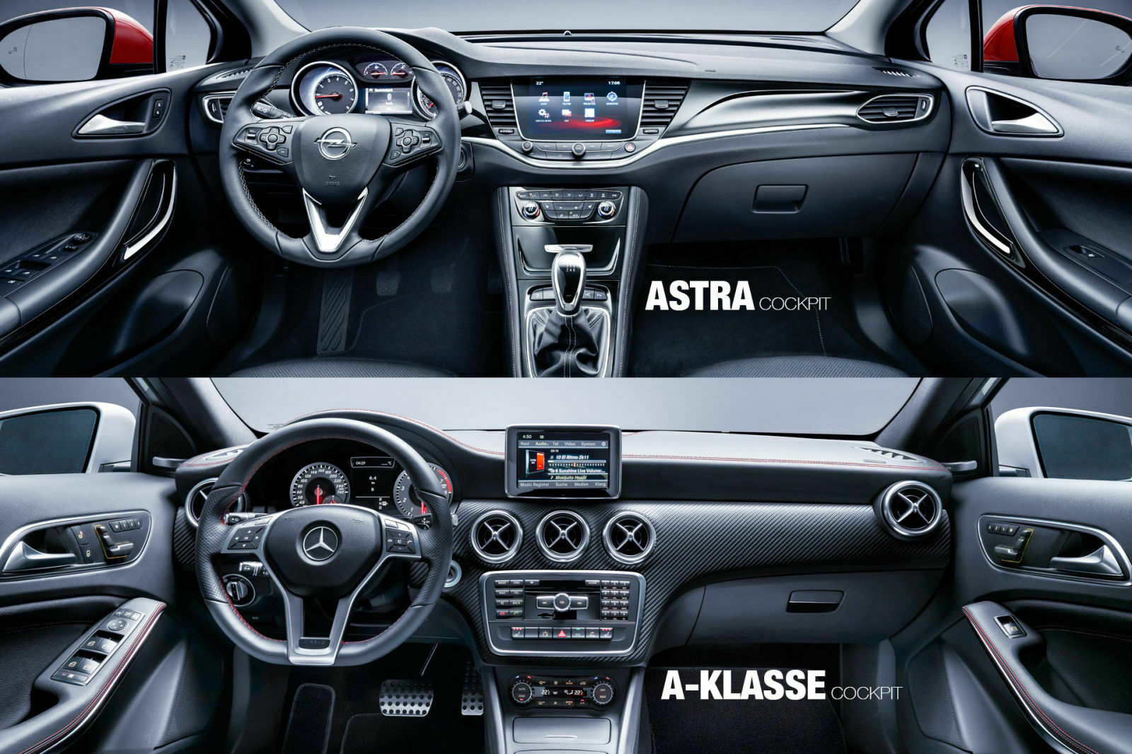 Große Displays gibt es sowohl im Astra als auch in der A-Klasse. Im Astra ist das Display in die Mittelkonsole integriert, in der A-Klasse nicht