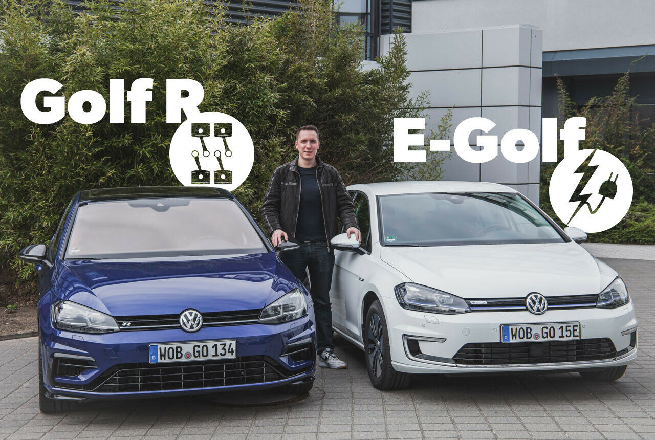 Einmal Power-Golf, einmal Öko-Golf: MT-Redakteur Constantin Bergander mit Golf R und E-Golf, Jahrgang 2017