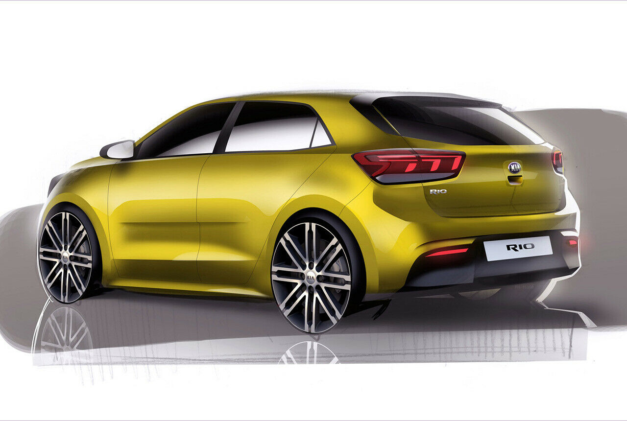 Die C-Säule beim neuen Kia Rio soll relativ aufrecht stehen, was auf mehr Platz im Kofferraum hindeutet. Die Heckleuchten an der Designskizze zeigen eine moderne LED-Grafik