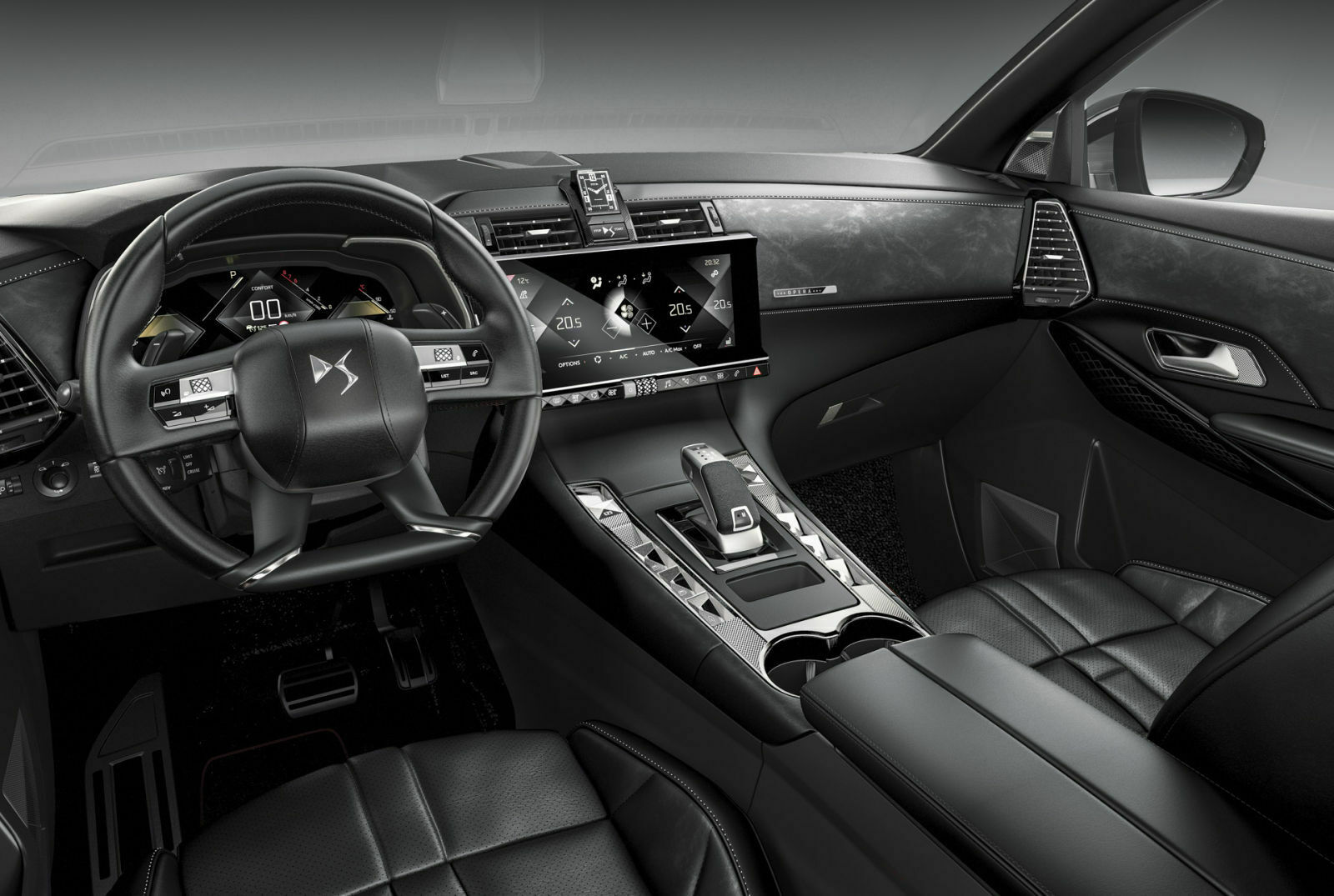 DS 7 Cockpit in genarbtem Leder: Insgesamt 0,85 qm Edelmaterial verbaut PSA im Innenraum