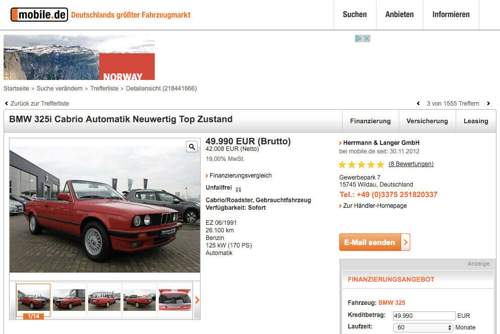 Der derzeit teuerste E30 auf mobile.de soll 49.990 Euro kosten