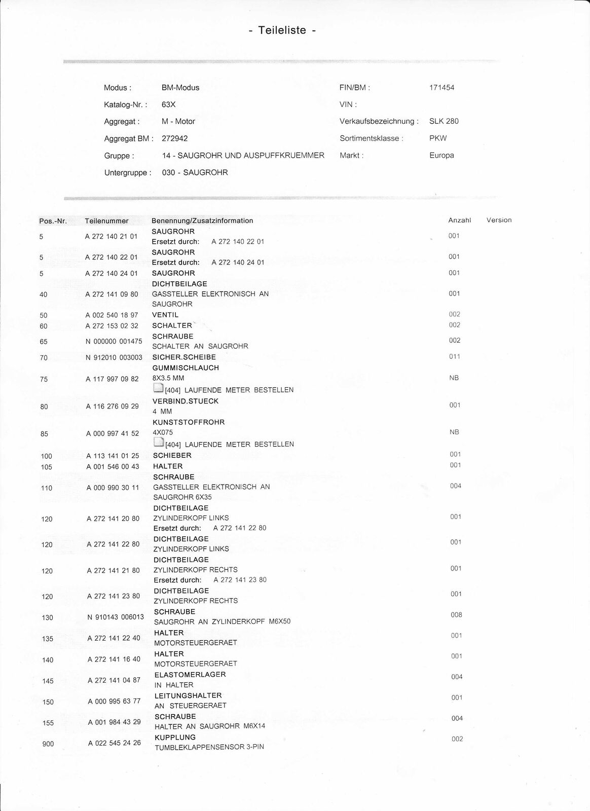 Dichtung für M272 Saugrohr