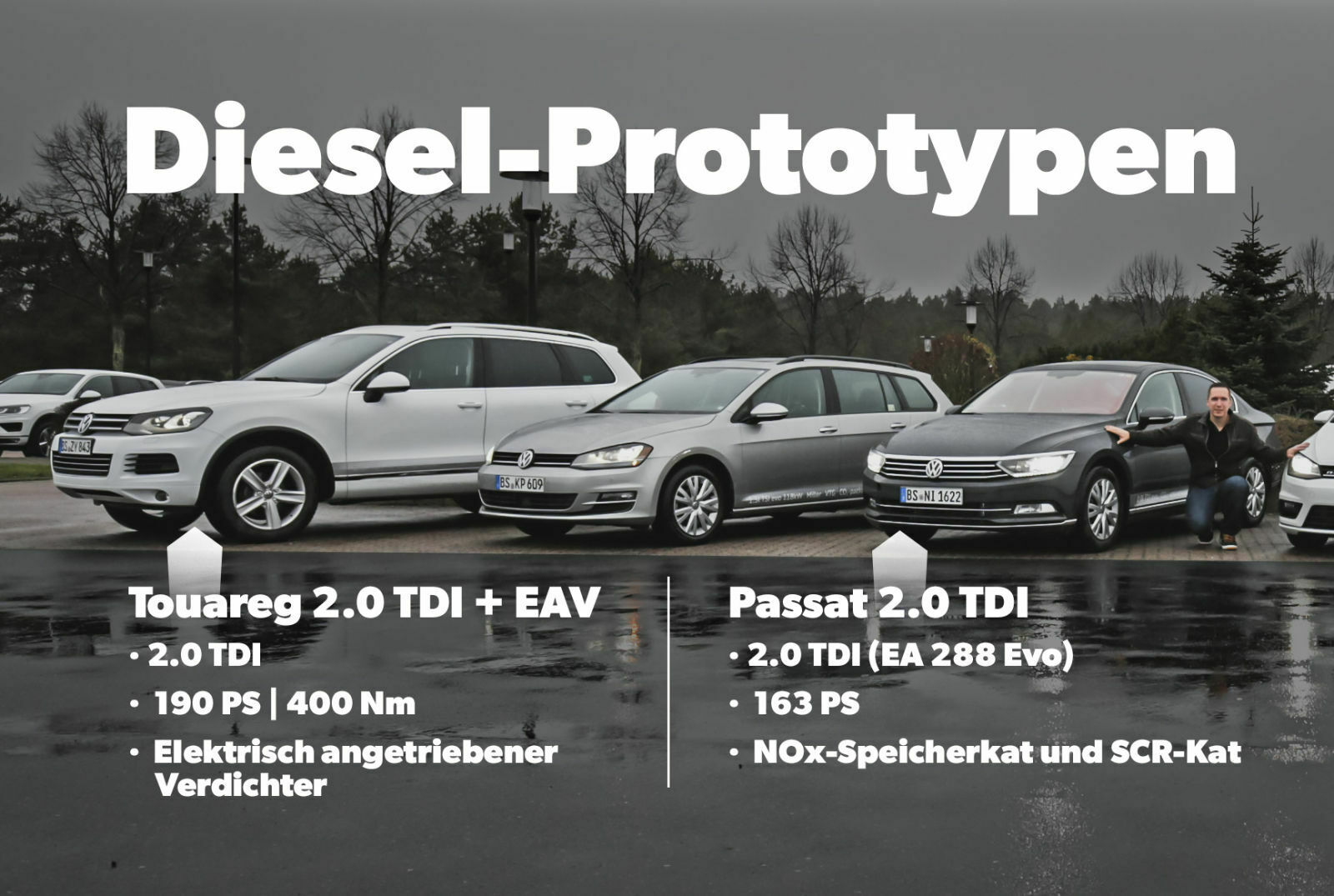 Diesel-Prototypen: Ein Touareg mit Elektro-Verdichter und ein aktueller Passat mit dem Motor seines Nachfolgers