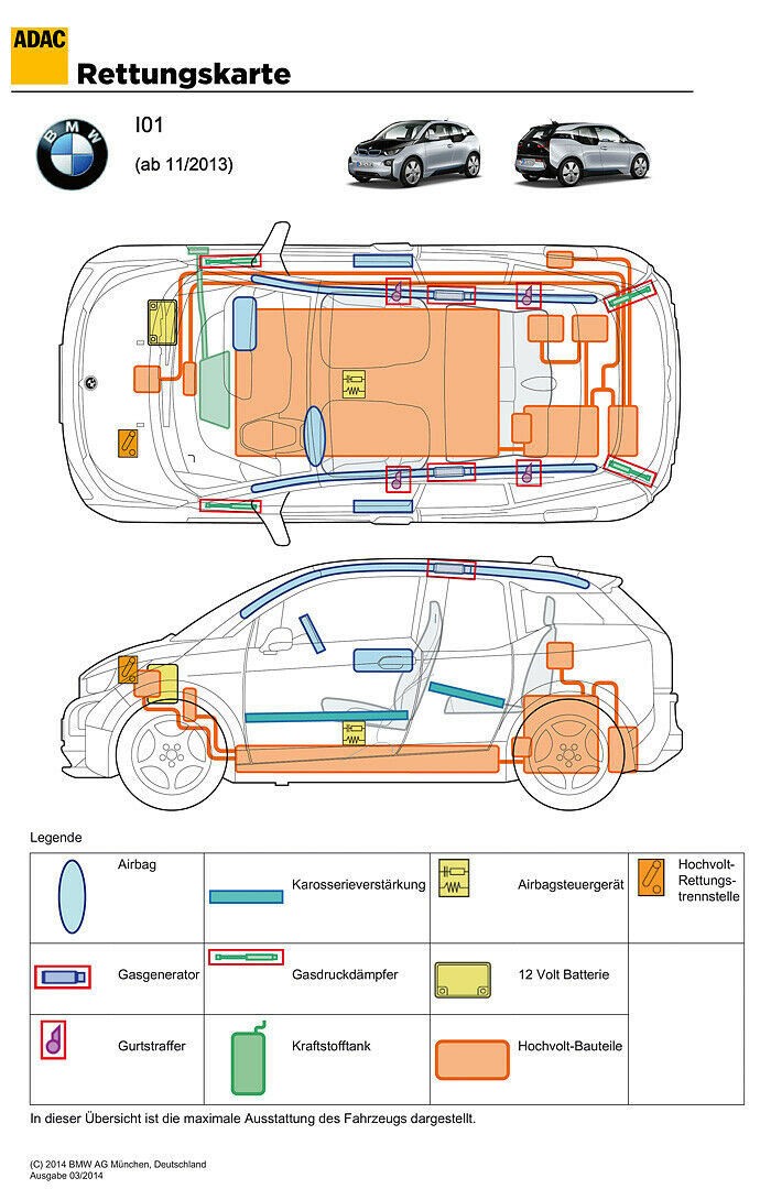 Eine Rettungskarte gehört in jedes Auto. Hier das Exemplar des BMW i3