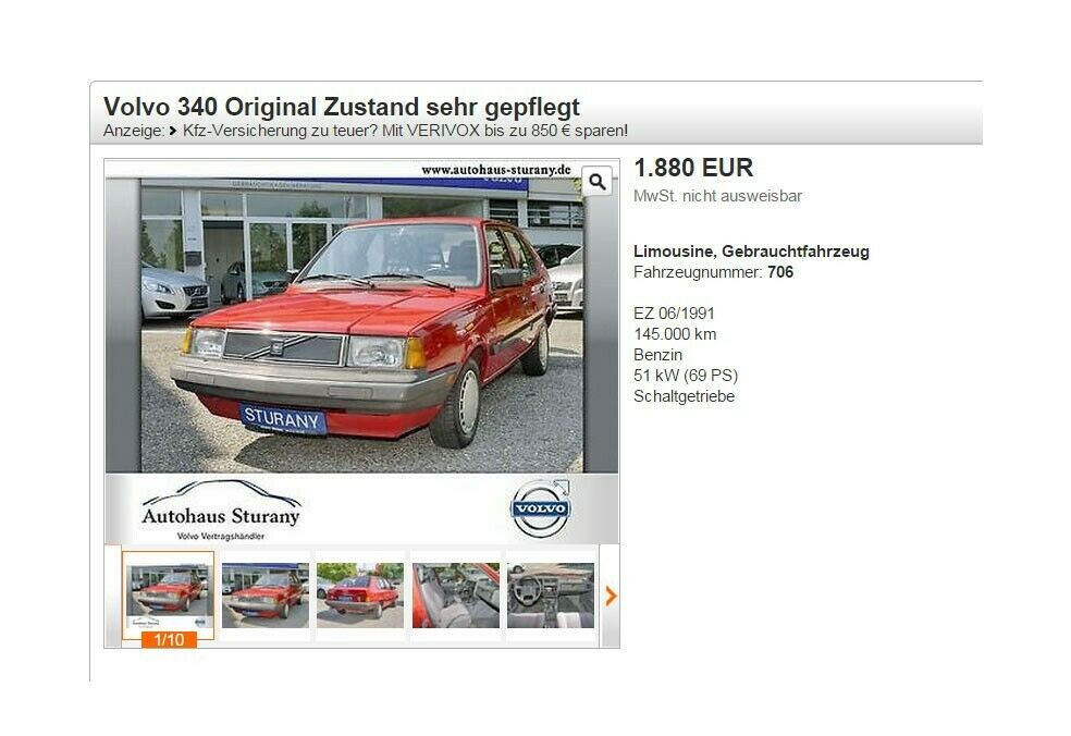 Ein Volvo 340 aus dem Jahr 1991, die Anzeige verspricht einen sehr gepflegten Zustand