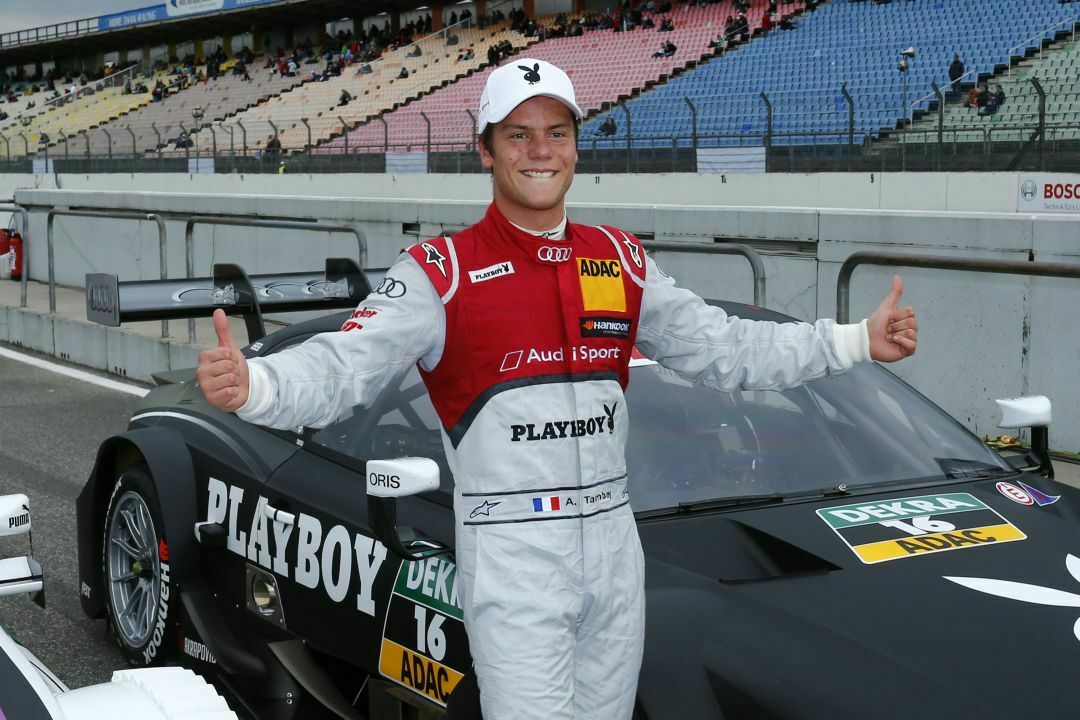 Der französische DTM-Fahrer Adrien Tambay vom Audi Sport Team Abt jubelt - er startet beim ersten Rennen der Saison von der Pole Position