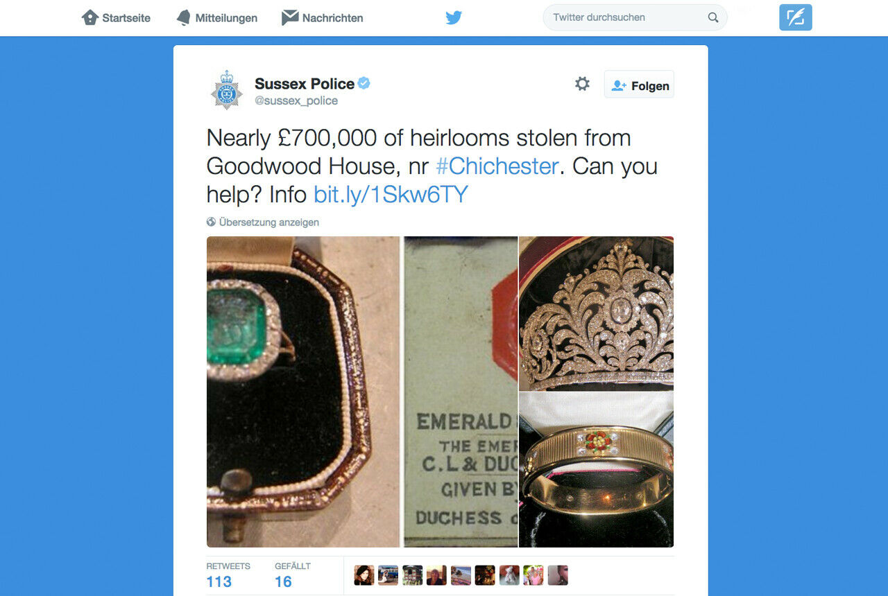 Bilder einiger entwendeter Stücke auf der Twitter-Seite der Sussex Police
