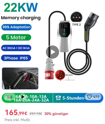 Mobiles Ladegerät bis zu 22 kW