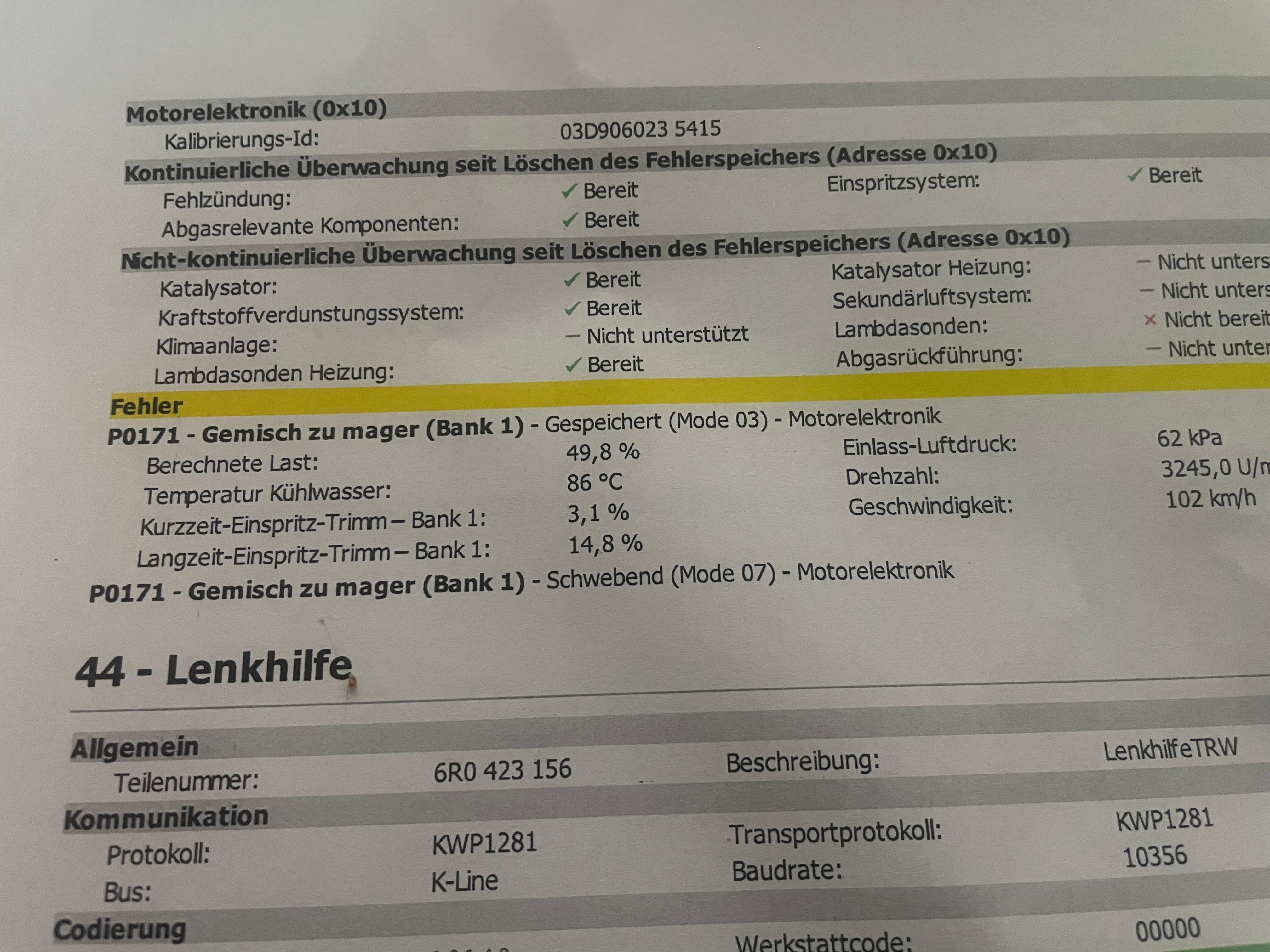 Fehler 16555 P0171. Was ist kaputt oder wie finde ich heraus was es ist
