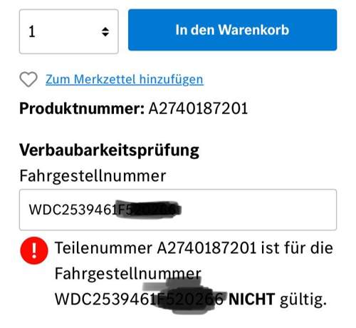 Teilenummer nicht gültig