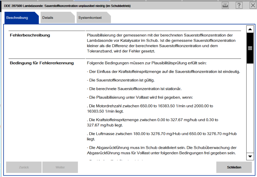 Fehlercode 287500 Lambdasonde: Sauerstoffkonzentration unplausibel niedrig (im Schubbetrieb)